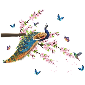 Detailed wall sticker featuring vibrant peacocks, pink flowers and butterflies on white background
