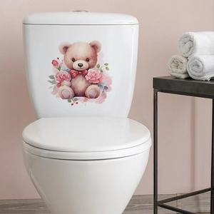 Cute cartoon bear and pink roses toilet sticker for bathroom aesthetic wall decoration