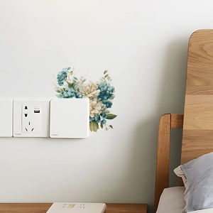 Blue and beige floral wall sticker for power switch panel with green leaf decor