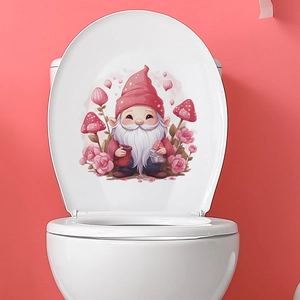 Cartoon gnome and rose flower wall sticker decorating a white ceramic toilet cover