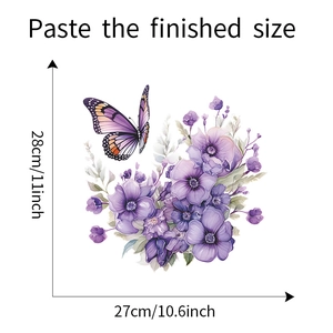 Detaillierte Größenangaben für wasserfeste Wandaufkleber mit lila Schmetterling und Blumen