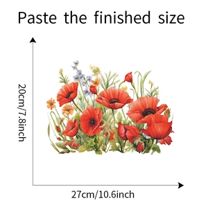 Detailed size chart showing dimensions for red poppy floral toilet wall stickers