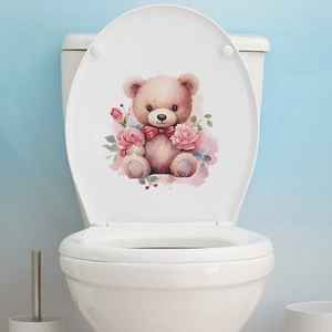 Cartoon Bear Rose Pink Flower Toilet Lid Sticker Waterproof PVC Bathroom Decor Decal For Home Washroom Decoration