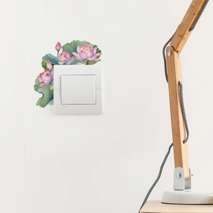 Artistic pink lotus and green leaf wall sticker for square light switch decoration