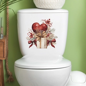 Valentine's Day Heart Gift Box Toilet Sticker PVC Watercolor Flower Bathroom Decal Home Decor Waterproof Wall Sticker