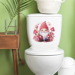 Close-up of Valentine gnome and rose waterproof stickers on a white toilet tank