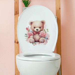 Cute cartoon bear and pink rose waterproof decorative wall sticker for bathroom toilets