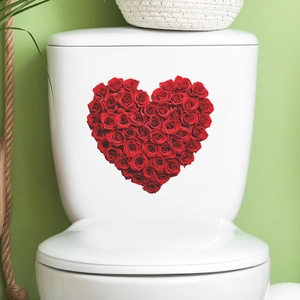 Autocollant WC cœur de roses rouges pour décoration salle de bain sur fond céramique