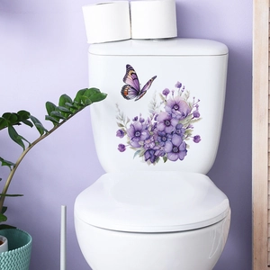 Elegante lila Blumen und Schmetterling Aufkleber für die WC-Dekoration im Badezimmer