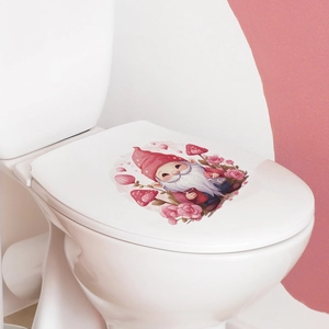 Waterproof gnome and pink rose toilet seat decal for Valentine's bathroom decoration