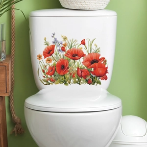 Red Corn Poppy Flower Toilet Sticker Waterproof PVC Bathroom Decal Artistic Hand Painted Botanical Floral Home Decor Sticker