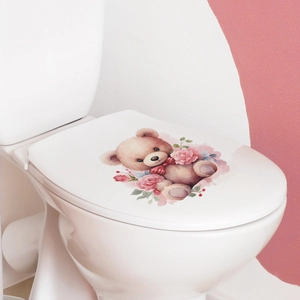 Cute teddy bear and pink rose floral sticker for toilet lid bathroom decoration