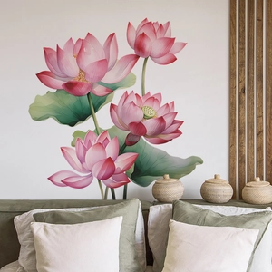 Stickers Muraux Fleur de Lotus Style Chinois Moderne Aquarelle Rose Floral PVC Décalcomanies Murales pour Salon Chambre Décoration