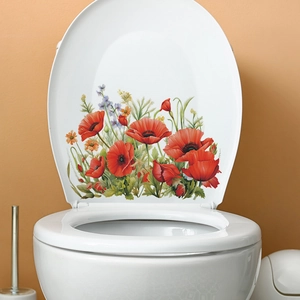 Waterproof floral toilet seat sticker with red poppies and green leaves for home decor
