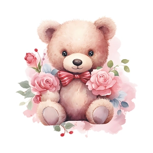 Cute teddy bear with pink roses watercolor wall sticker for bathroom decoration