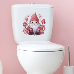 Valentine gnome wall sticker with pink roses and red mushroom on a white toilet tank