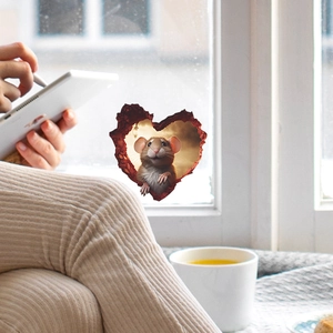 3D realistic brown mouse in heart-shaped hole wall sticker for home decor