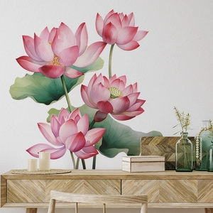 Stickers muraux de lotus de style chinois pour salon avec nénuphars roses élégants