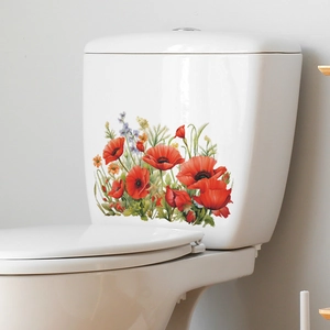 Watercolour red poppy and floral wall stickers for bathroom toilet tank decoration