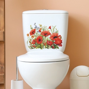 Poppy flower bathroom sticker with red and yellow blossoms on white toilet tank
