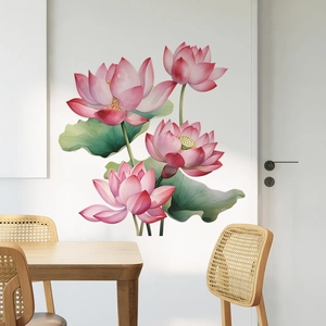 Stickers muraux modernes avec lotus rose et feuilles vertes pour décoration de salle
