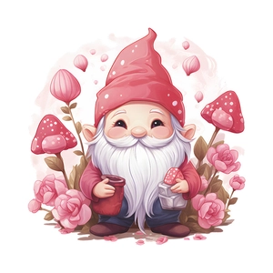 Valentine gnome wall sticker with pink roses and mushrooms for bathroom decoration