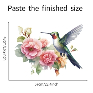 Wandaufkleber mit rosa Rosen und Kolibris, fertige Abmessungen von 57 x 43 cm