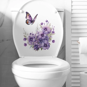 Lila Blumen Schmetterling Toilettenaufkleber Badezimmer Dekoration Selbstklebende PVC Wandaufkleber Für Bad Toilettendeckel Dekor