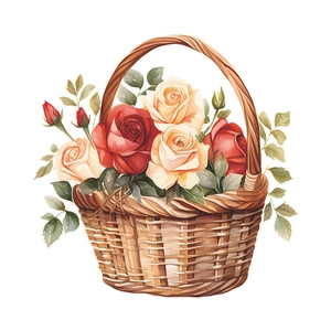 Romantic watercolor floral basket wall sticker with red and yellow roses decoration