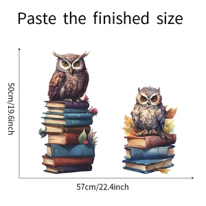 Detail view of cartoon owl wall stickers on vintage books with dimensions 50x57cm