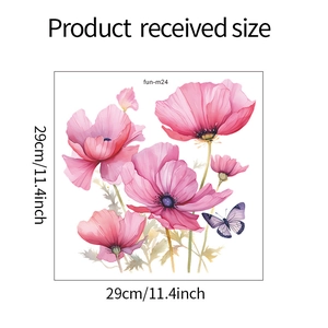 Détail montrant les dimensions 29x29cm du sticker mural fleurs roses et papillon violet