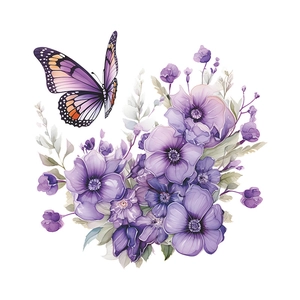 Aquarell Wandtattoo mit lila Blumen und Schmetterlingen für Badezimmer und Wohndeko
