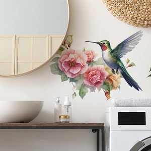 Kolibri Rosa Blume Wandaufkleber Wasserdicht PVC Abnehmbar Dekoratives Wandbild Aufkleber Für Wohnzimmer Schlafzimmer Home Decor