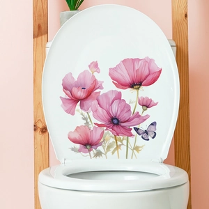 Sticker Toilettes Fleur Coquelicot Rose Papillon Violet Étanche PVC Autocollant de Salle de Bain Décoration Murale Maison