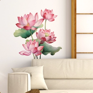 Stickers muraux lotus style chinois à l'aquarelle pour décoration murale du salon