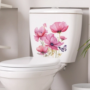 Détail de stickers de toilette fleurs roses à l'aquarelle avec un papillon violet