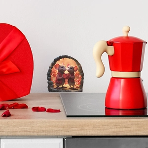 3D cartoon mouse hole wall sticker featuring mice with a heart in a kitchen setting