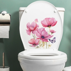 Sticker floral de coquelicot rose avec papillon sur couvercle de toilette moderne