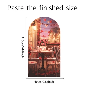 Detail view of romantic arch wall sticker with roses and cafe scene, 60cm by 113cm size