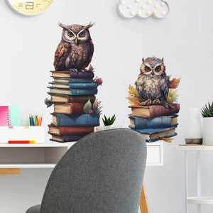 Cartoon owl perched on colorful books wall decals for kids bedroom and study room decoration