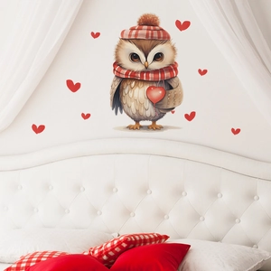 Cute cartoon owl with hearts wall sticker for bedroom and living room decor