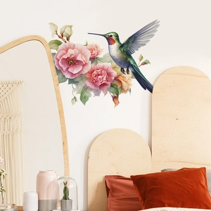 Wandsticker mit rosa Blumen und Kolibri für die Schlafzimmerwand-Dekoration