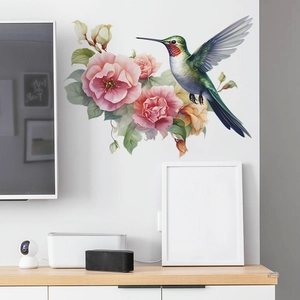Realistischer Wandaufkleber mit rosa Blumen und Kolibri für die Wohnzimmerdekoration
