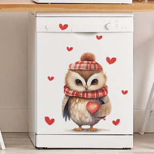 Cartoon owl wall decal with heart pendant and winter scarf on white dishwasher door
