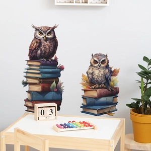 Cartoon owl and books wall decal for kids room decor in artistic hand-painted style
