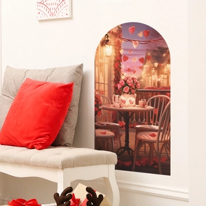 Detail of arch wall sticker featuring a romantic cafe scene with roses and heart balloons