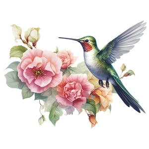 Wandsticker mit rosa Blumen und Kolibri für Fenster und Hintergrunddekoration