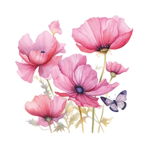 Stickers muraux narcisses roses à l'aquarelle avec fleurs et papillon violet