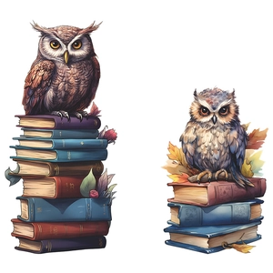 Cartoon owl and books wall stickers for kids room decor with vintage art style