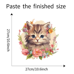 Detail view of cute cat and flower wall sticker with size dimensions 27cm by 27cm